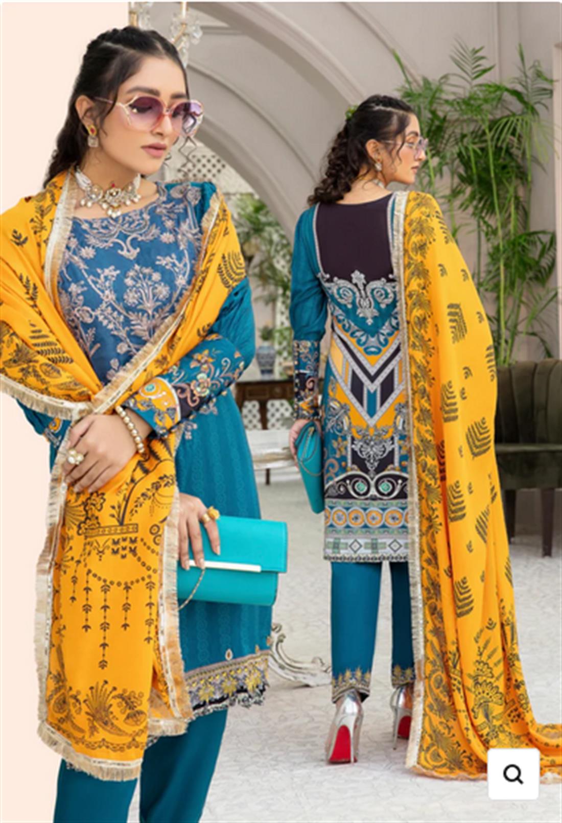 Teal & Orange Teal-Orange Embroidered Linen Stitched Suit with Wool Shawl