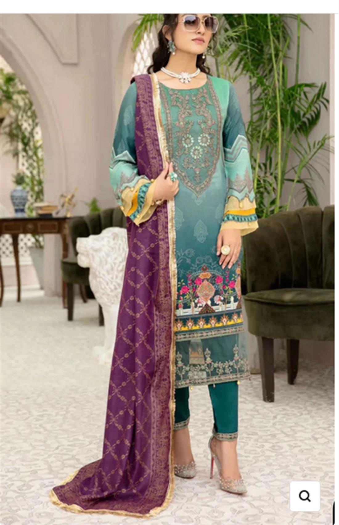 Green Embroidered Linen Stitched Suit with Wool Shawl