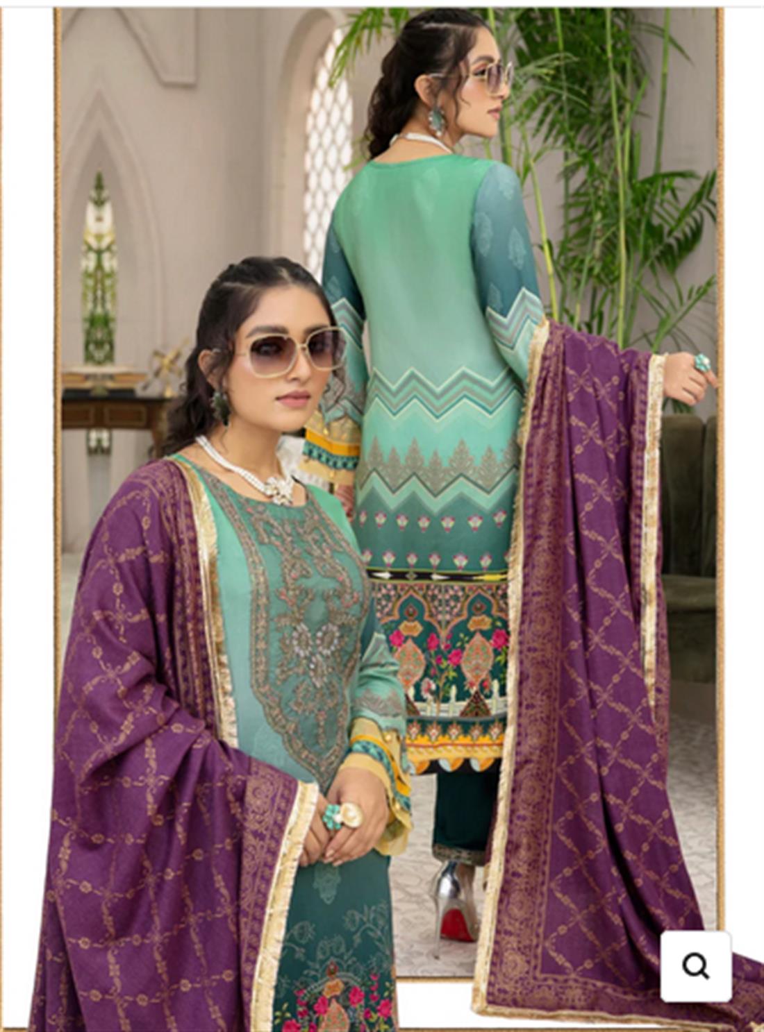 Green Embroidered Linen Stitched Suit with Wool Shawl