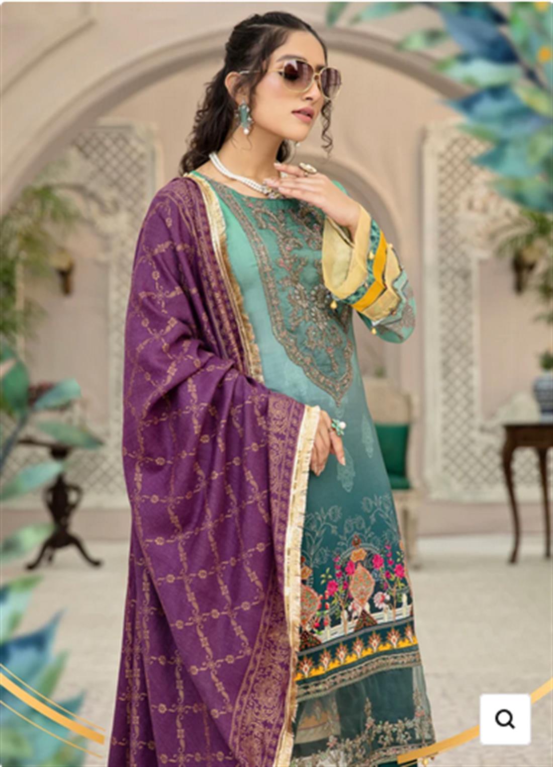 Green Embroidered Linen Stitched Suit with Wool Shawl