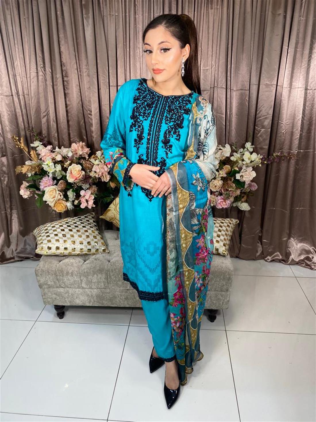 Light Blue Embroidered Chiffon Ladies Readymade