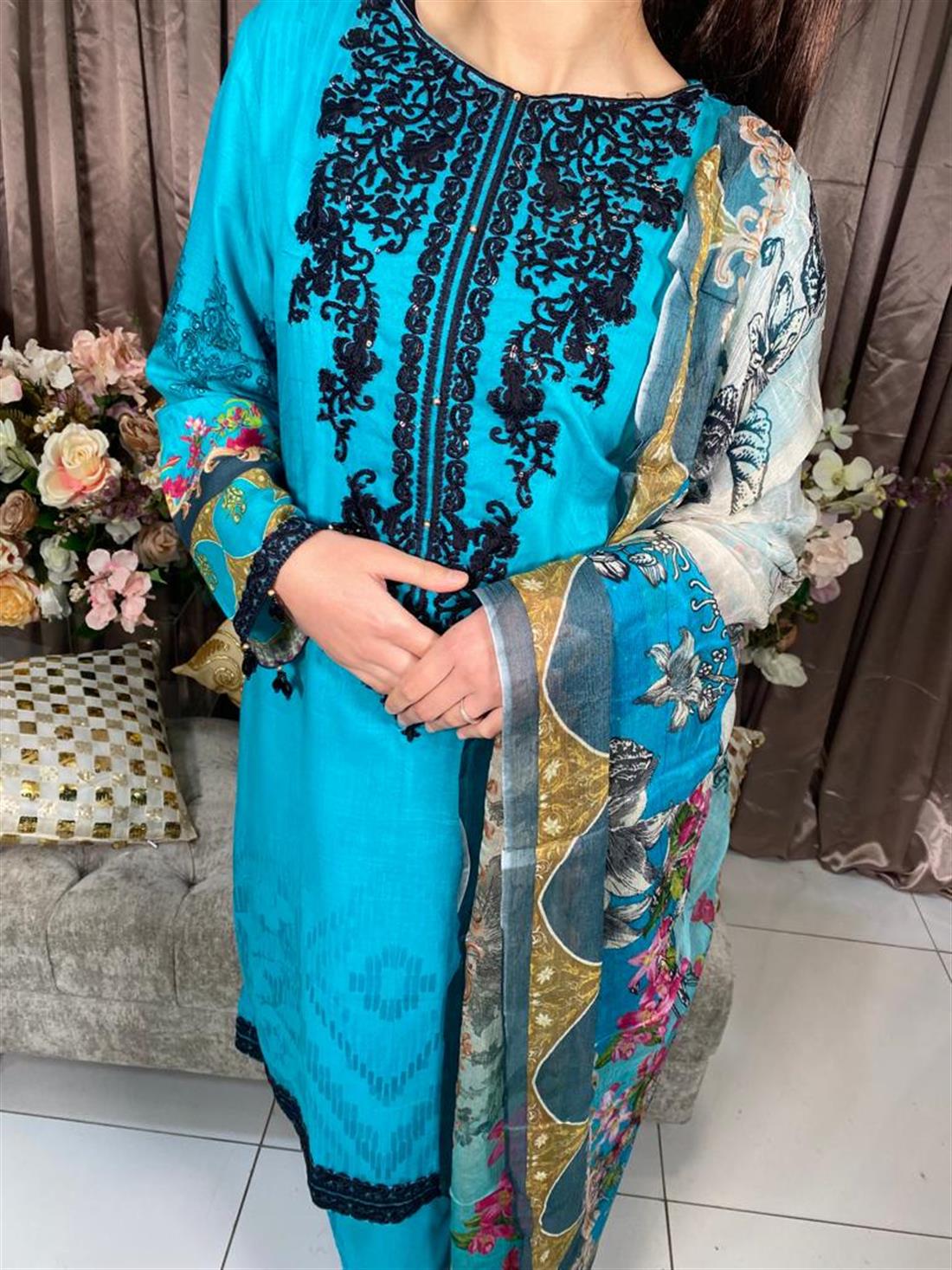 Light Blue Embroidered Chiffon Ladies Readymade