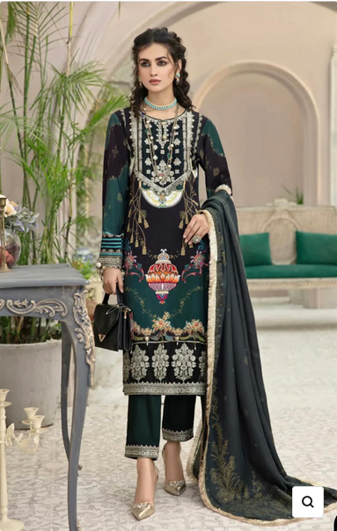 Dark Green Embroidered Linen Stitched Suit with Wool Shawl