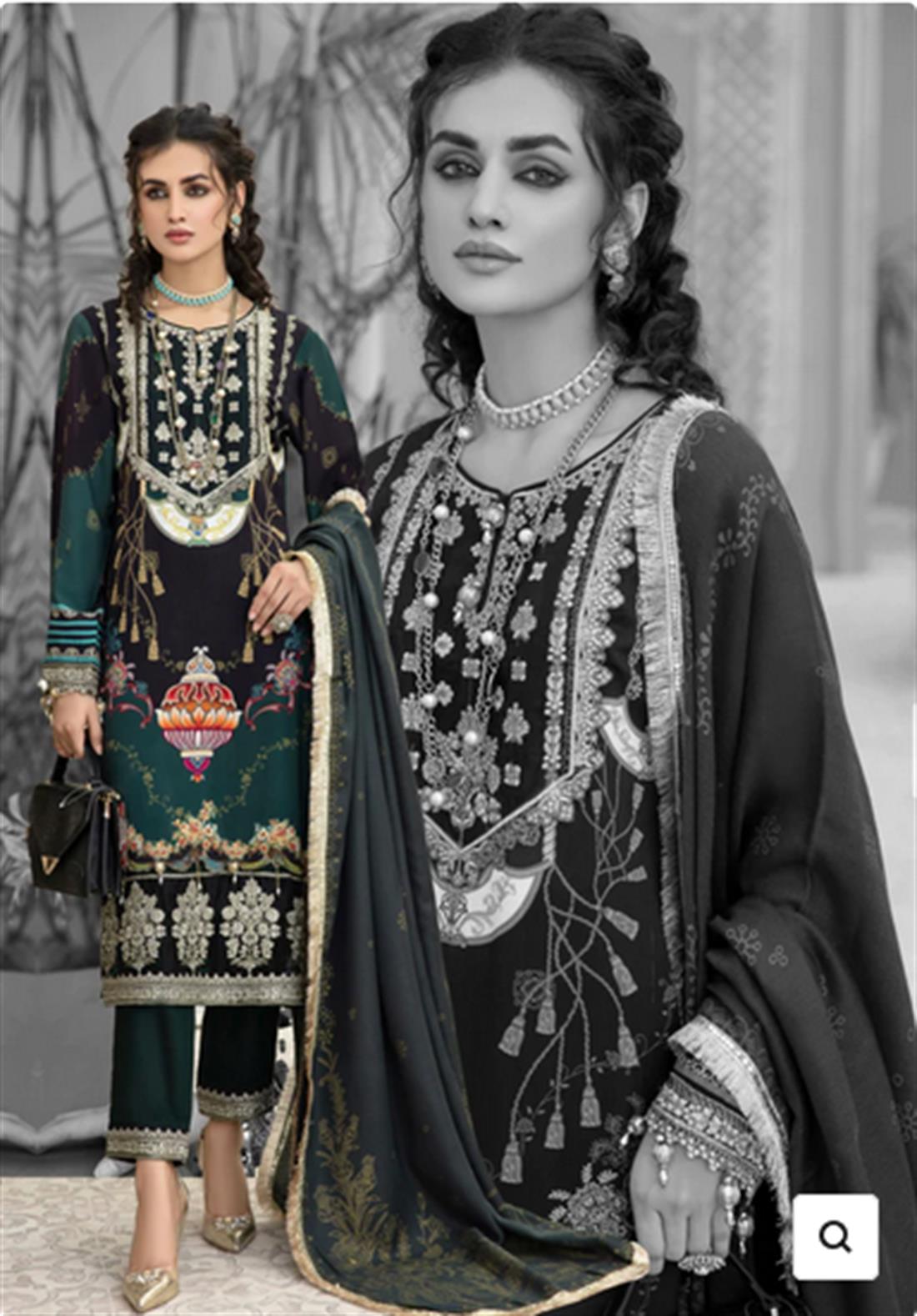 Dark Green Embroidered Linen Stitched Suit with Wool Shawl