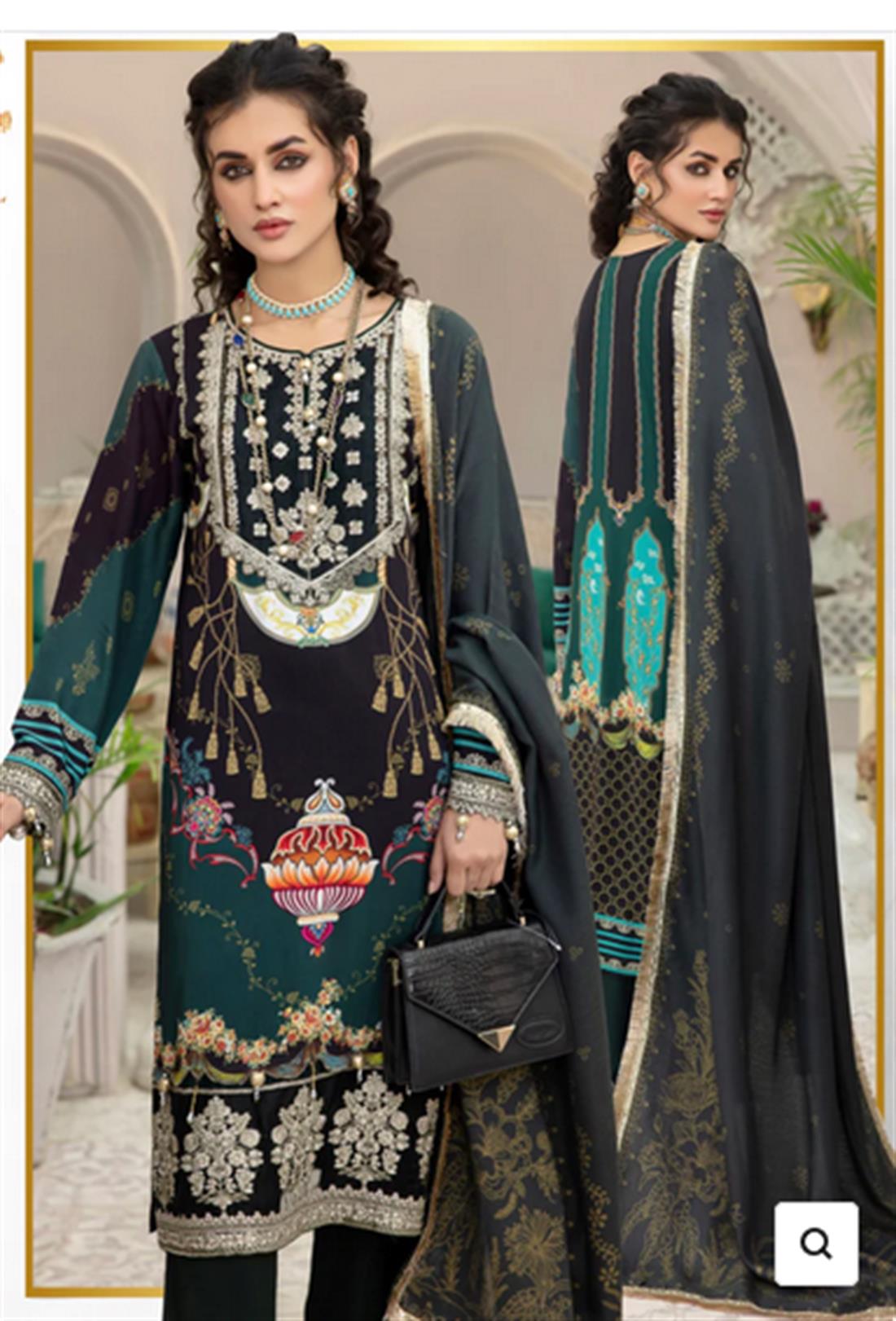 Dark Green Embroidered Linen Stitched Suit with Wool Shawl