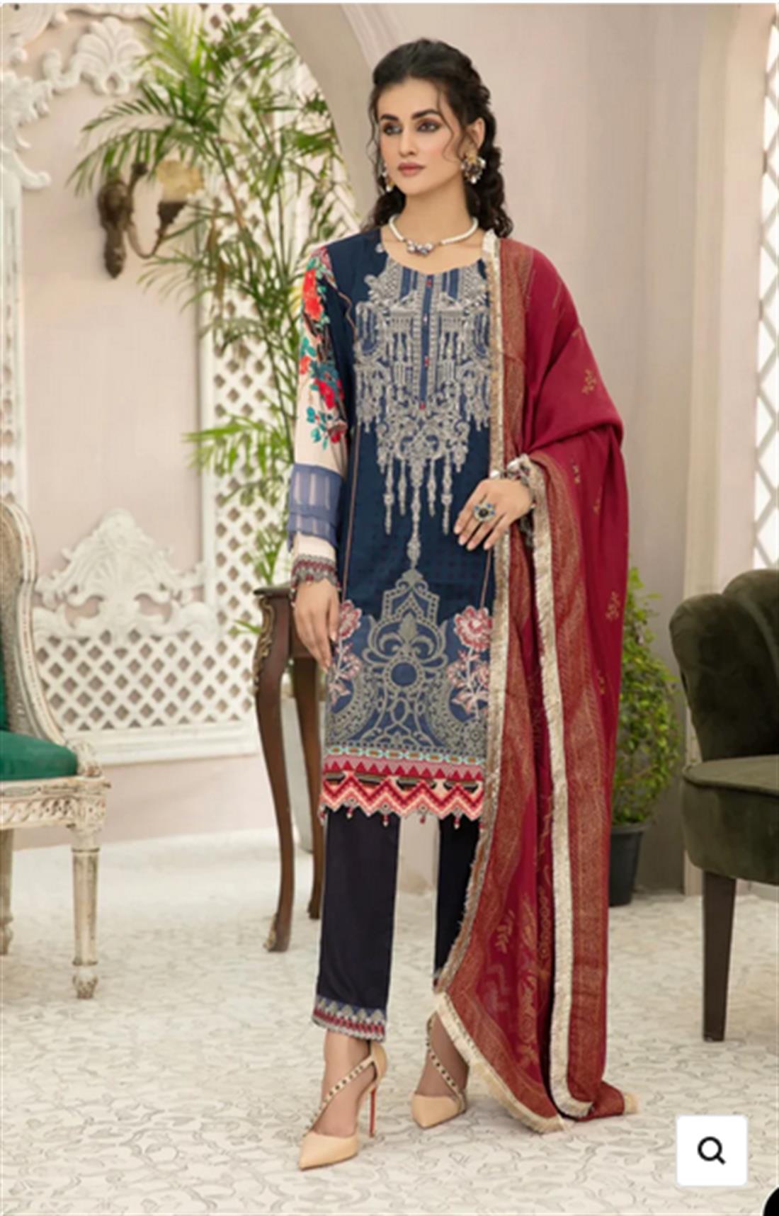 Blue Embroidered Linen Suit with Wool Shawl