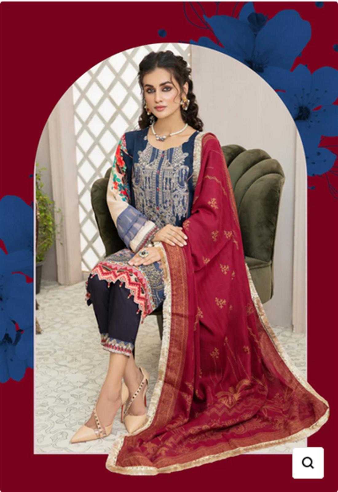 Blue Embroidered Linen Suit with Wool Shawl