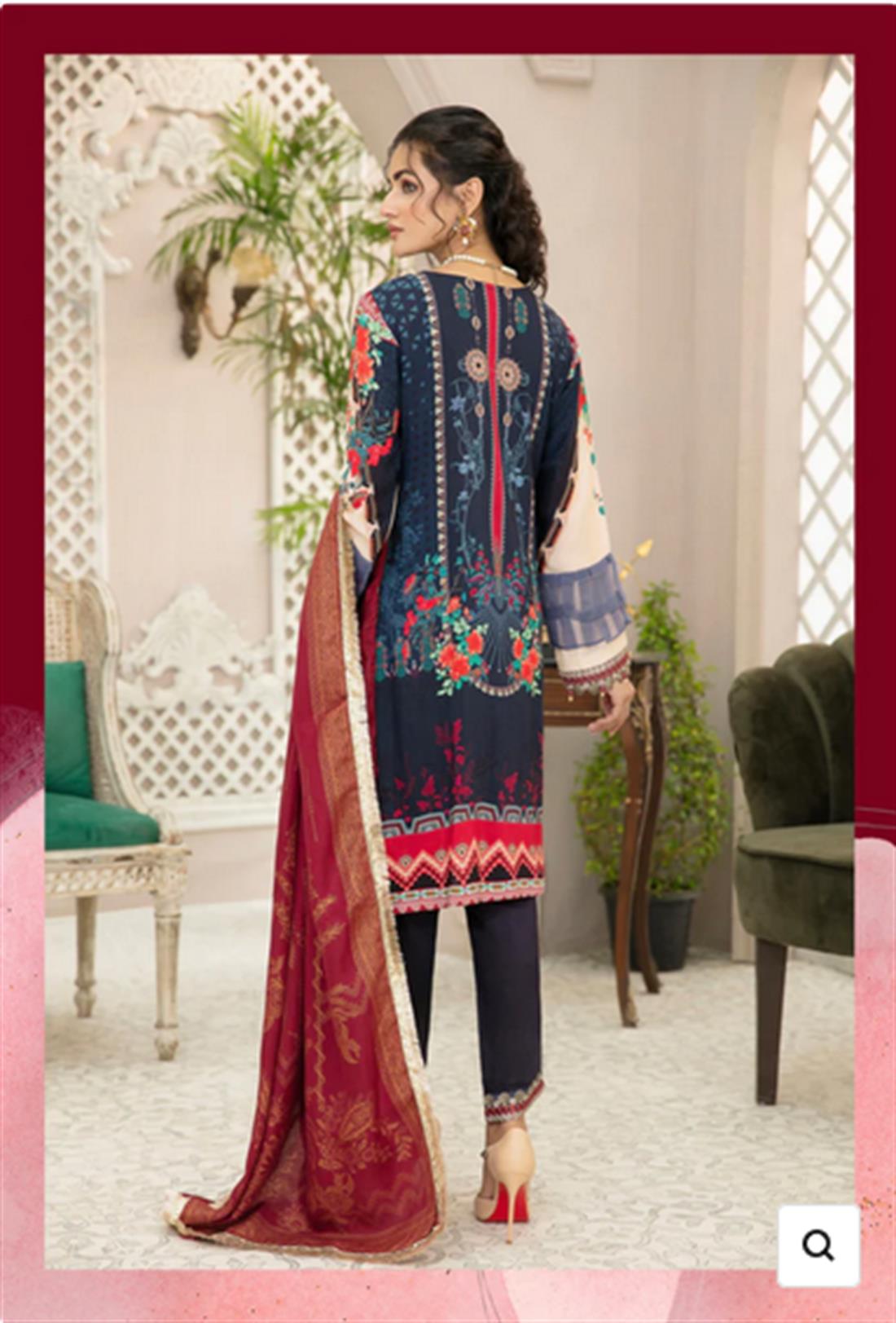 Blue Embroidered Linen Suit with Wool Shawl