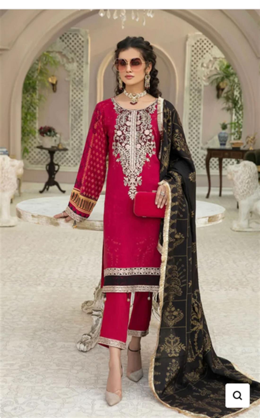 Dark Red Embroidered Linen Suit with Wool Shawl