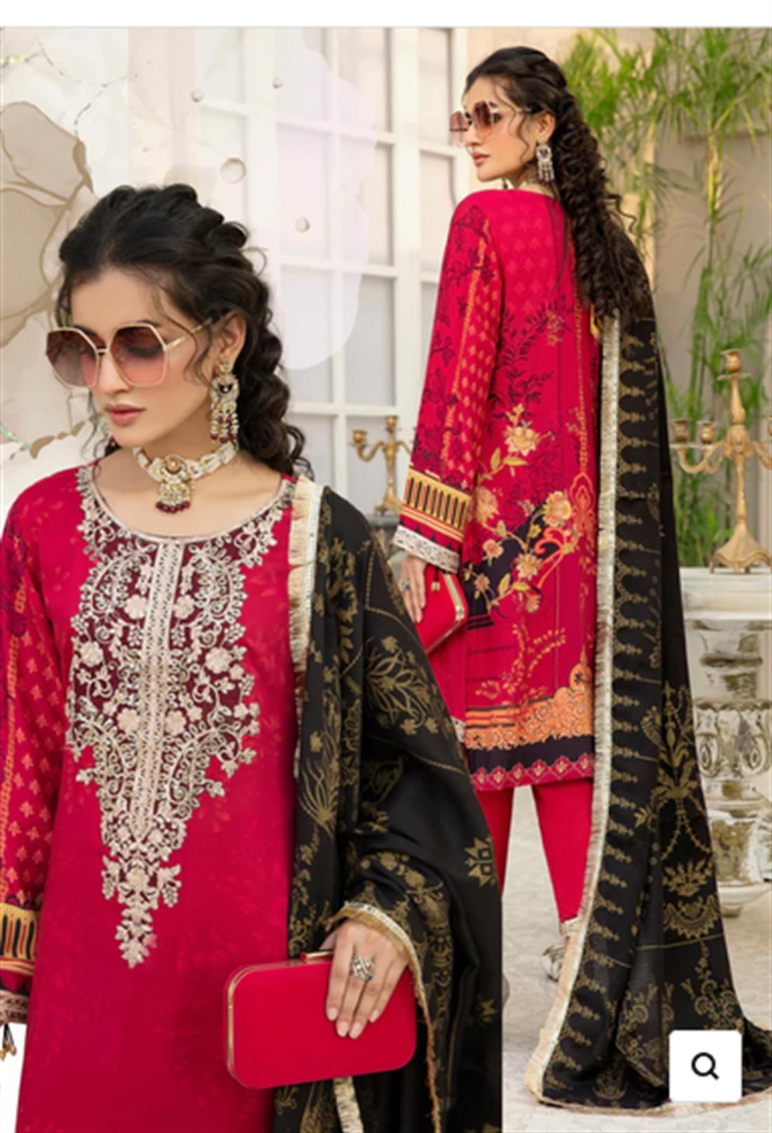 Dark Red Embroidered Linen Suit with Wool Shawl