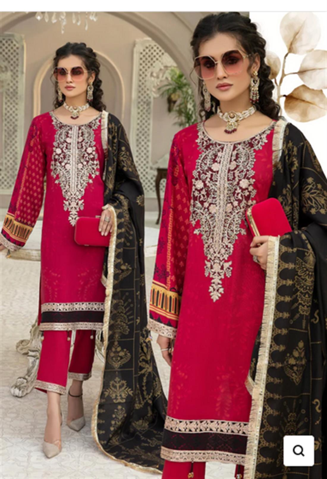 Dark Red Embroidered Linen Suit with Wool Shawl
