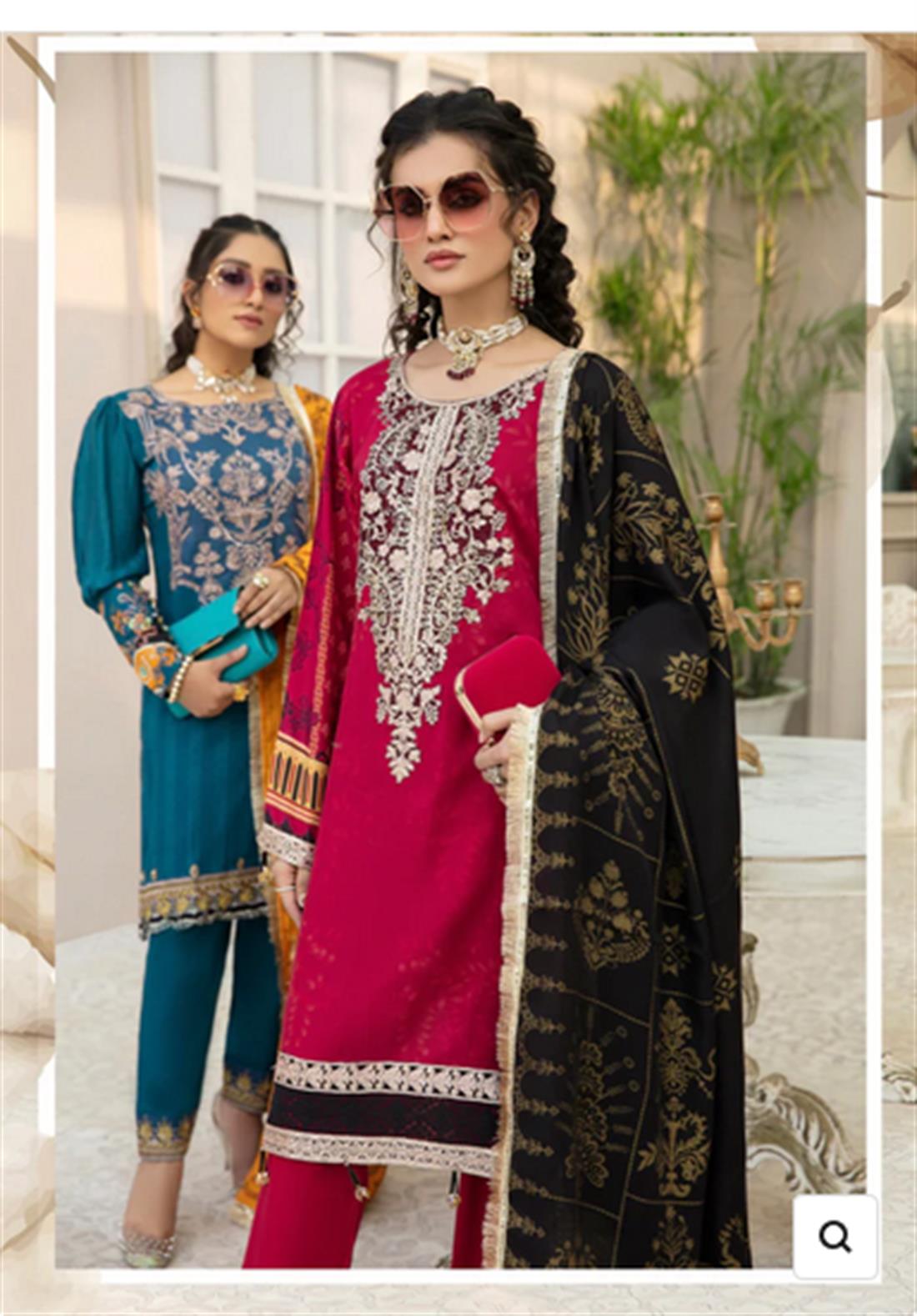 Dark Red Embroidered Linen Suit with Wool Shawl