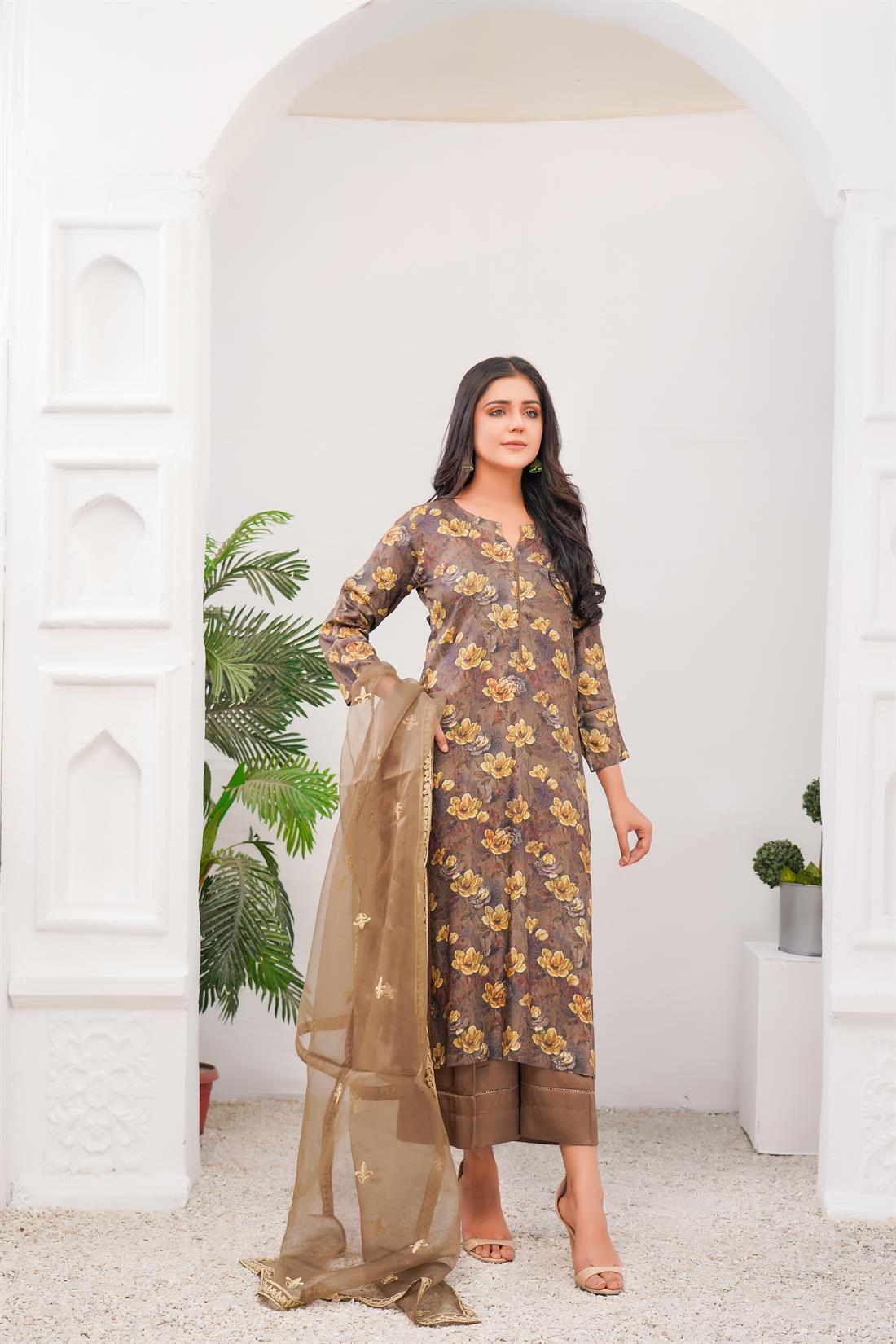 Mehndi Printed Organza Palazzo Ladies Readymade