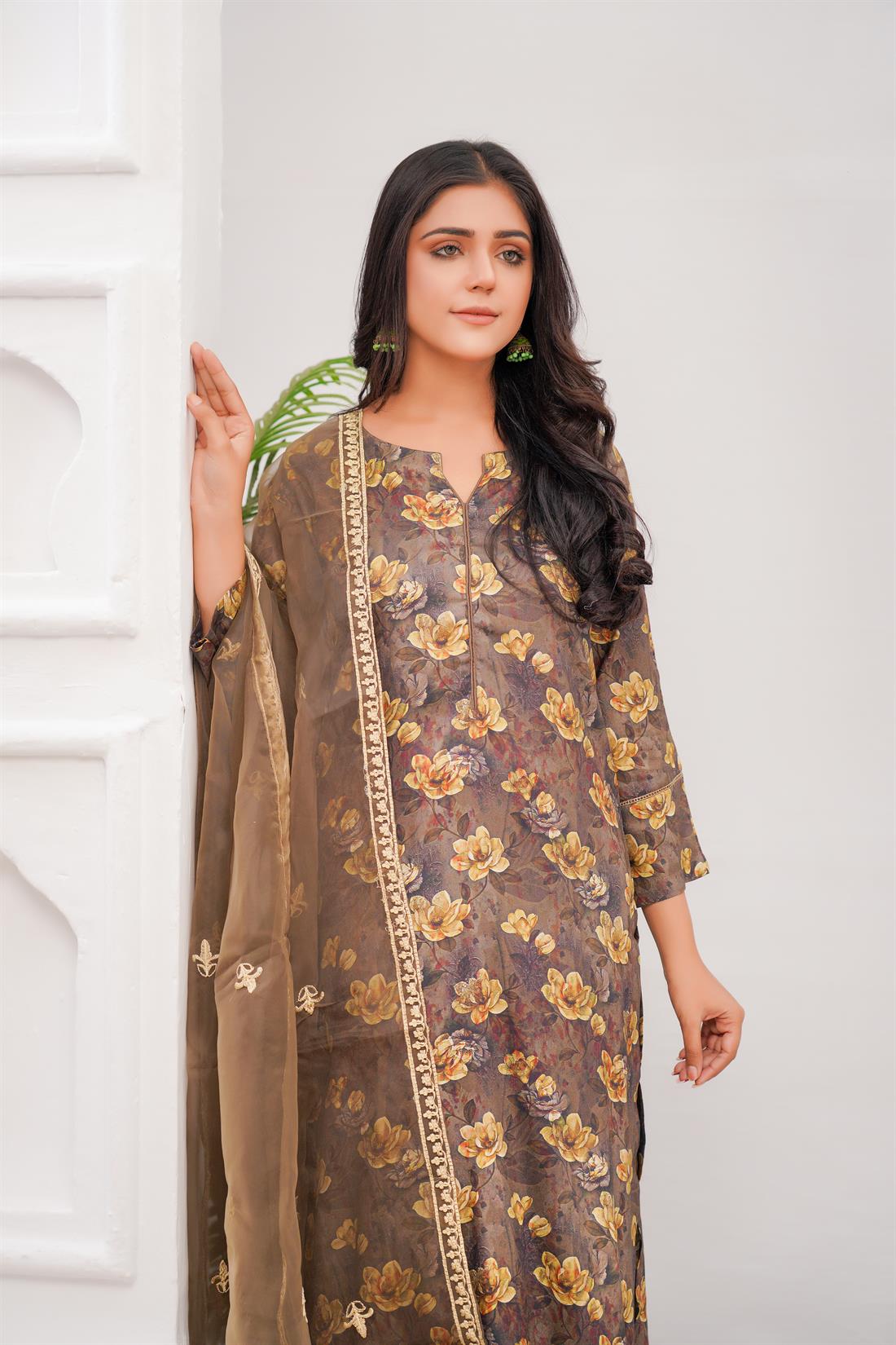 Mehndi Printed Organza Palazzo Ladies Readymade
