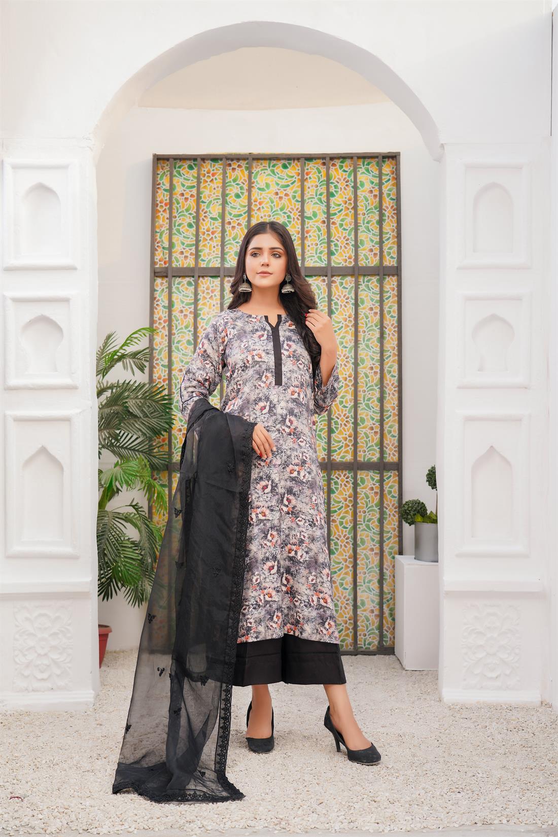 Black & Grey Printed Organza Palazzo Ladies Readymade