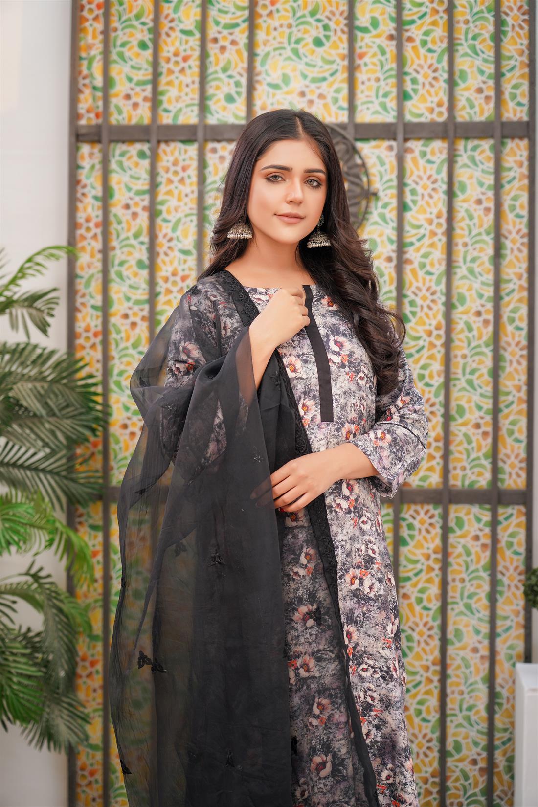 Black & Grey Printed Organza Palazzo Ladies Readymade