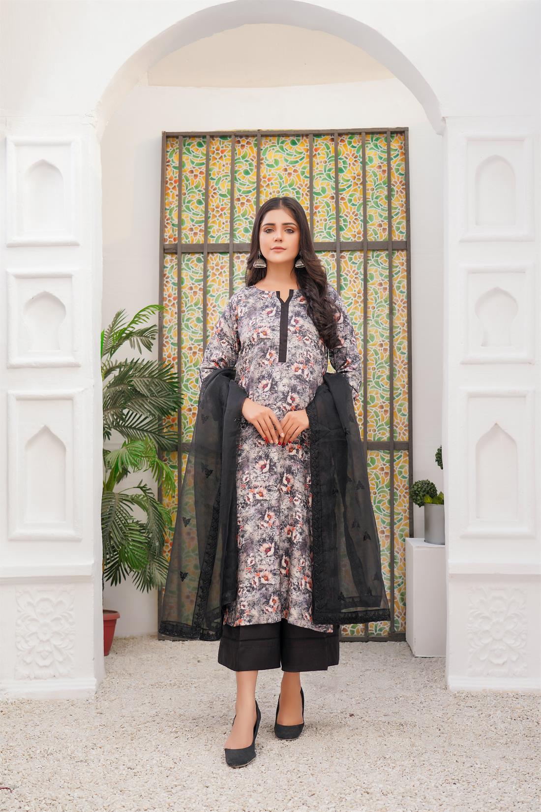 Black & Grey Printed Organza Palazzo Ladies Readymade
