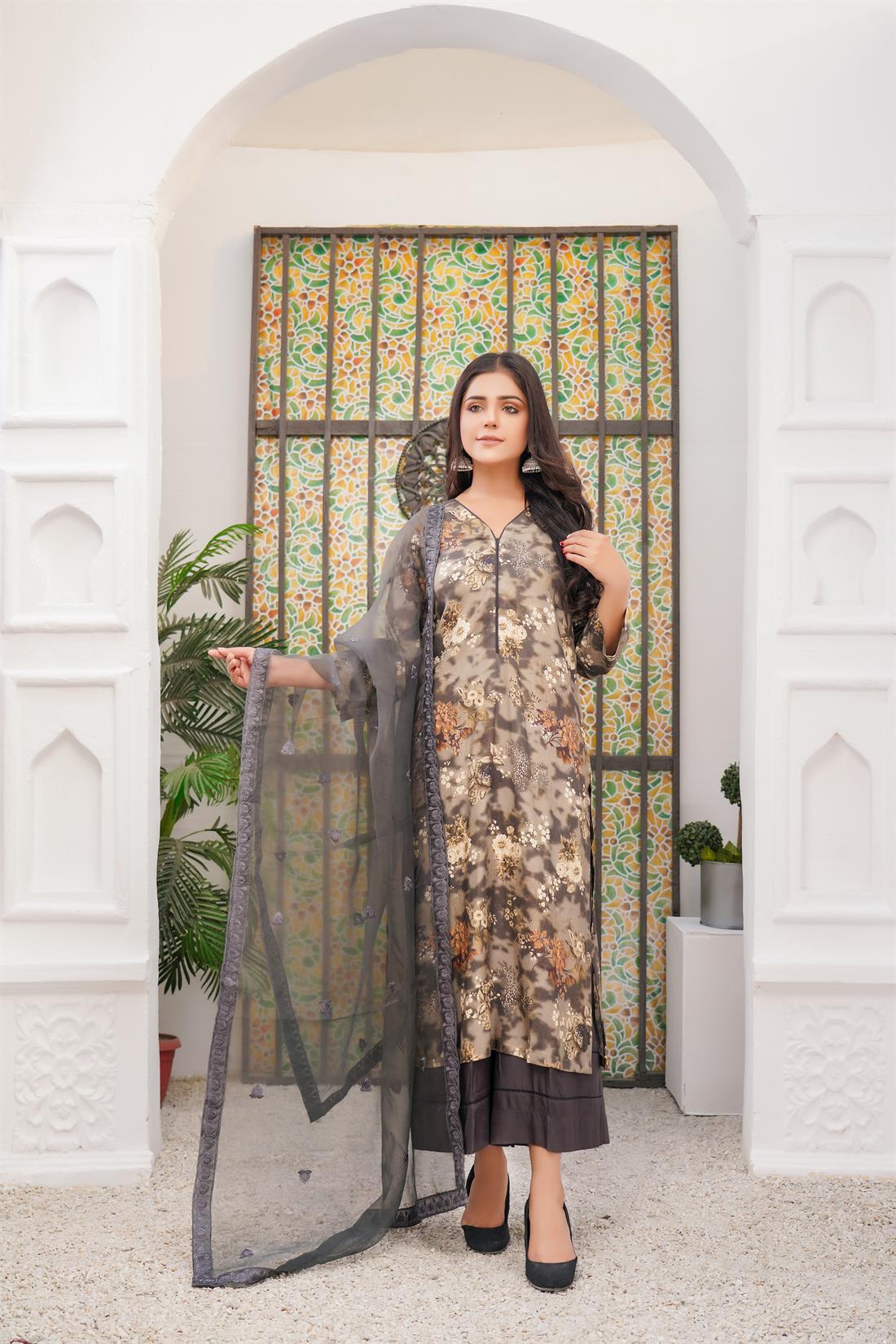 Charcoal Grey Printed Organza Palazzo Ladies Readymade