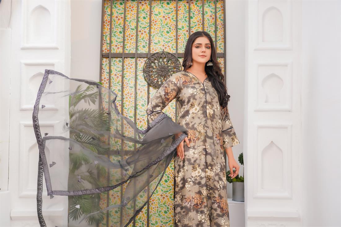 Charcoal Grey Printed Organza Palazzo Ladies Readymade