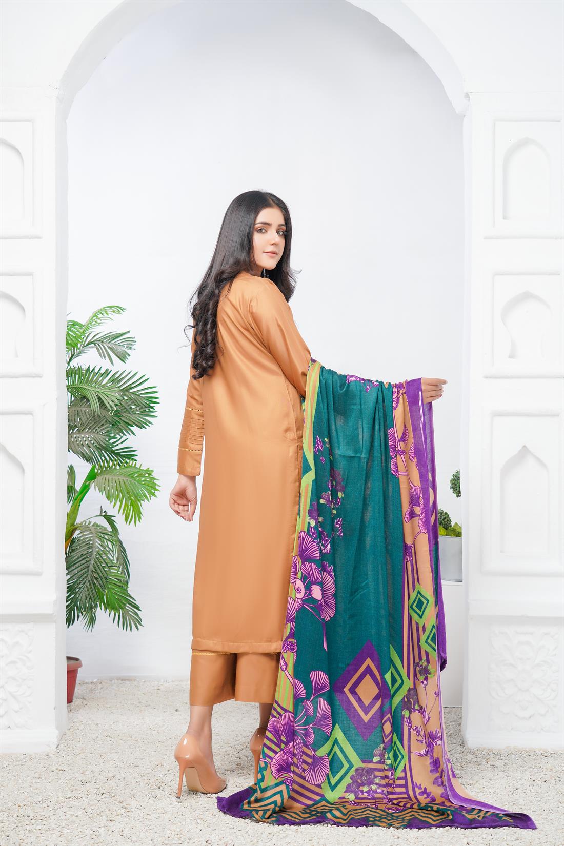 Camel Embroidered Linen Palazzo Ladies Readymade