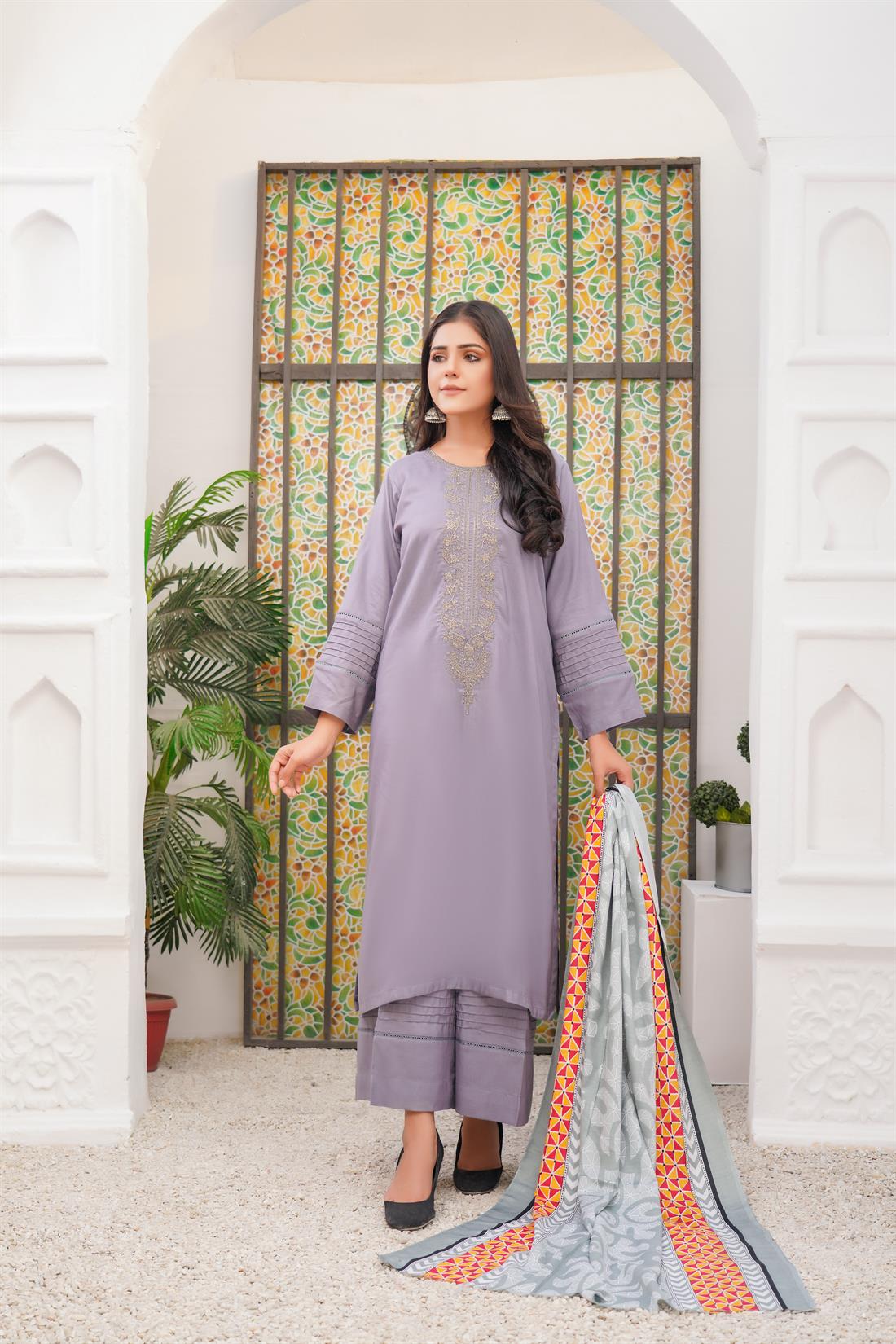 Grey Embroidered Linen Palazzo Ladies Readymade
