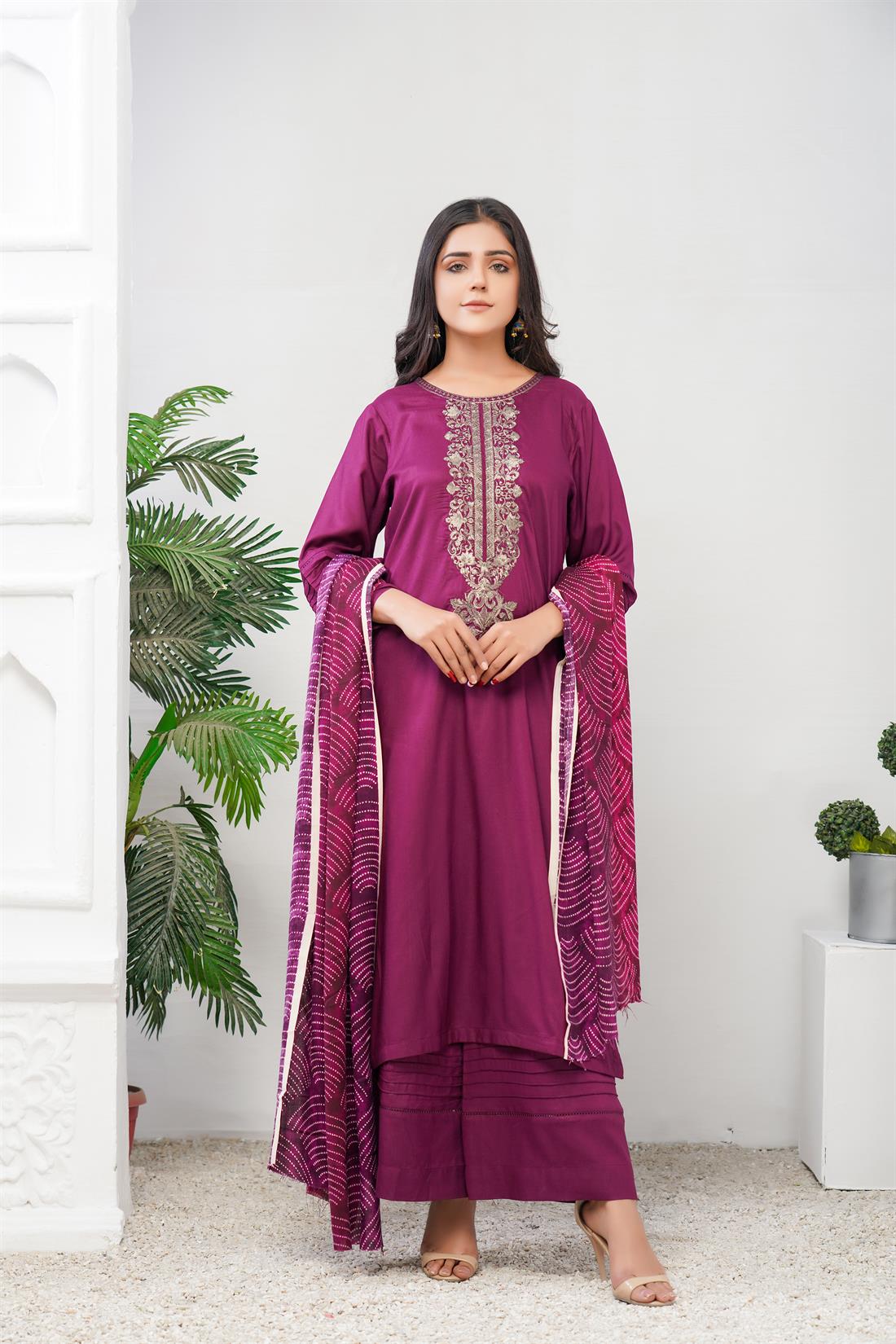 Plum Embroidered Linen Palazzo Ladies Readymade