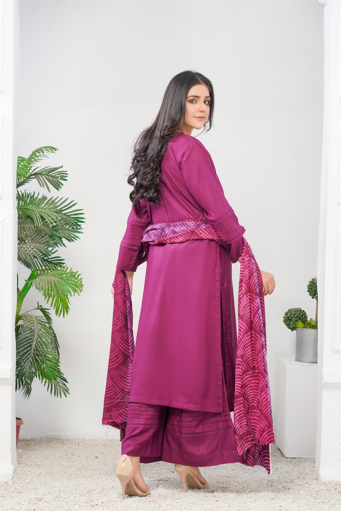 Plum Embroidered Linen Palazzo Ladies Readymade