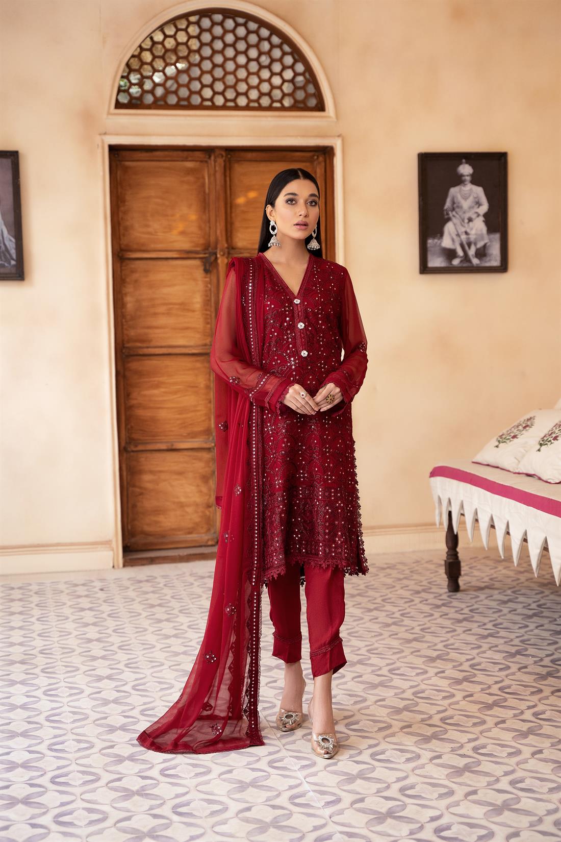 Maroon Mirror Work Raw Silk Chiffon Chikankari Kameez Stitched Suit