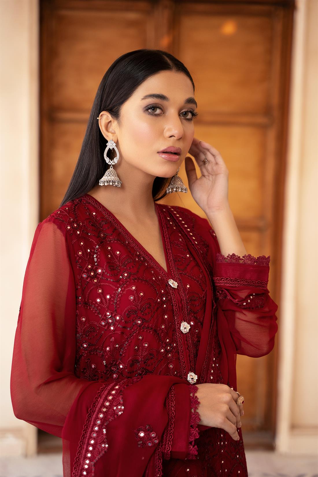 Maroon Mirror Work Raw Silk Chiffon Chikankari Kameez Stitched Suit