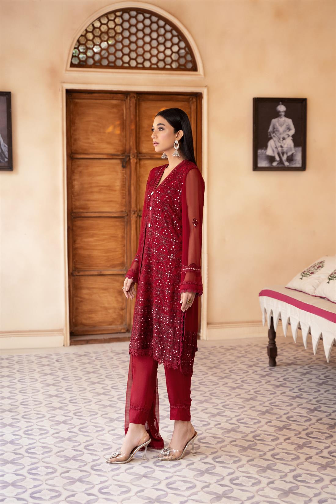 Maroon Mirror Work Raw Silk Chiffon Chikankari Kameez Stitched Suit