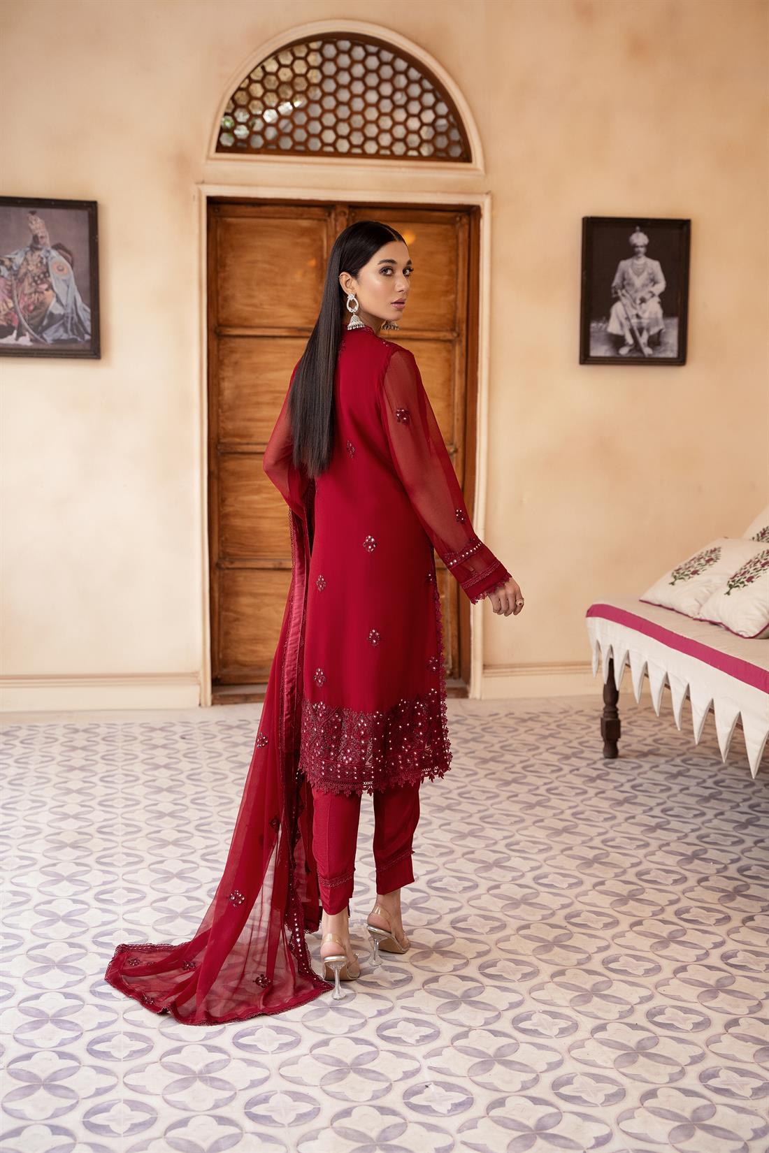 Maroon Mirror Work Raw Silk Chiffon Chikankari Kameez Stitched Suit