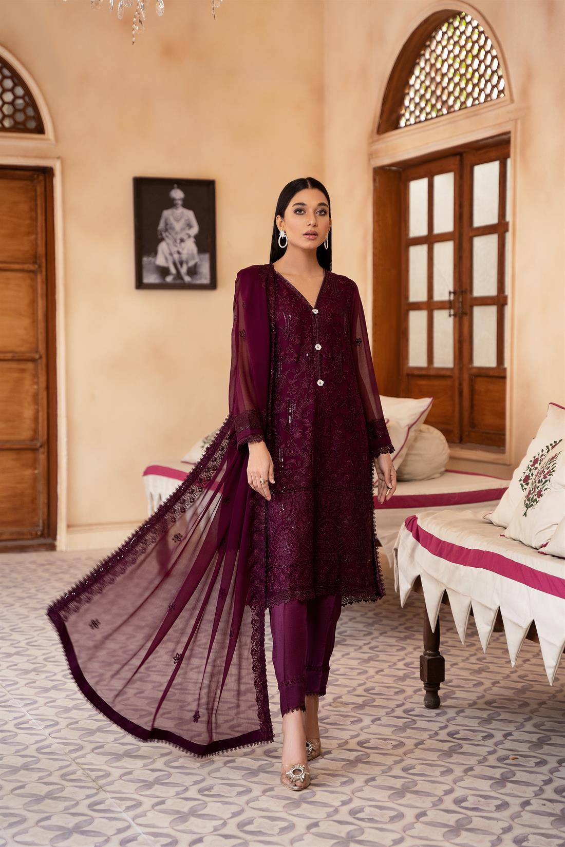 Plum Embroidered Raw Silk Chiffon Chikankari Kameez Stitched Suit