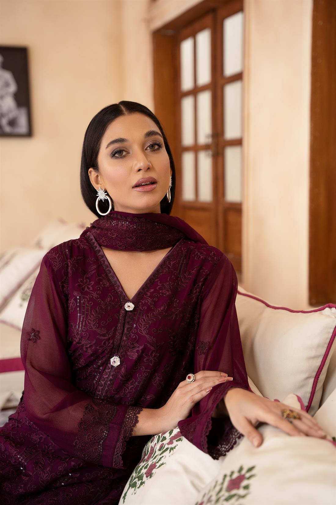 Plum Embroidered Raw Silk Chiffon Chikankari Kameez Stitched Suit