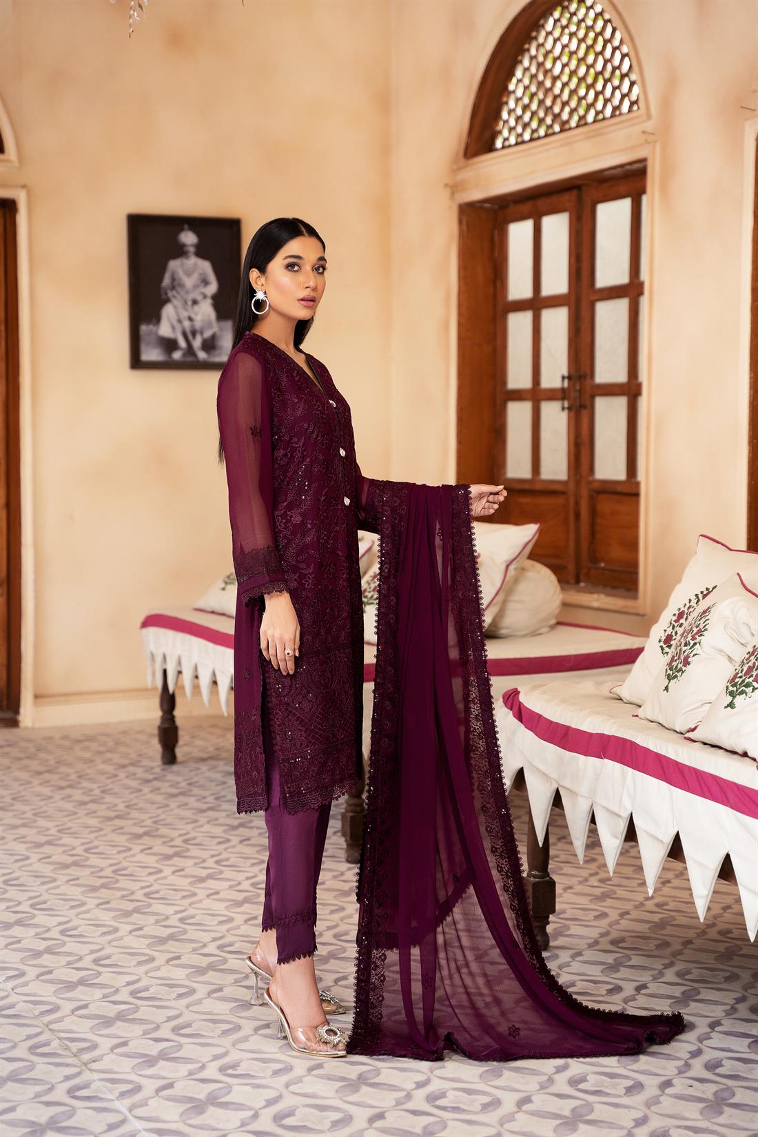 Plum Embroidered Raw Silk Chiffon Chikankari Kameez Stitched Suit