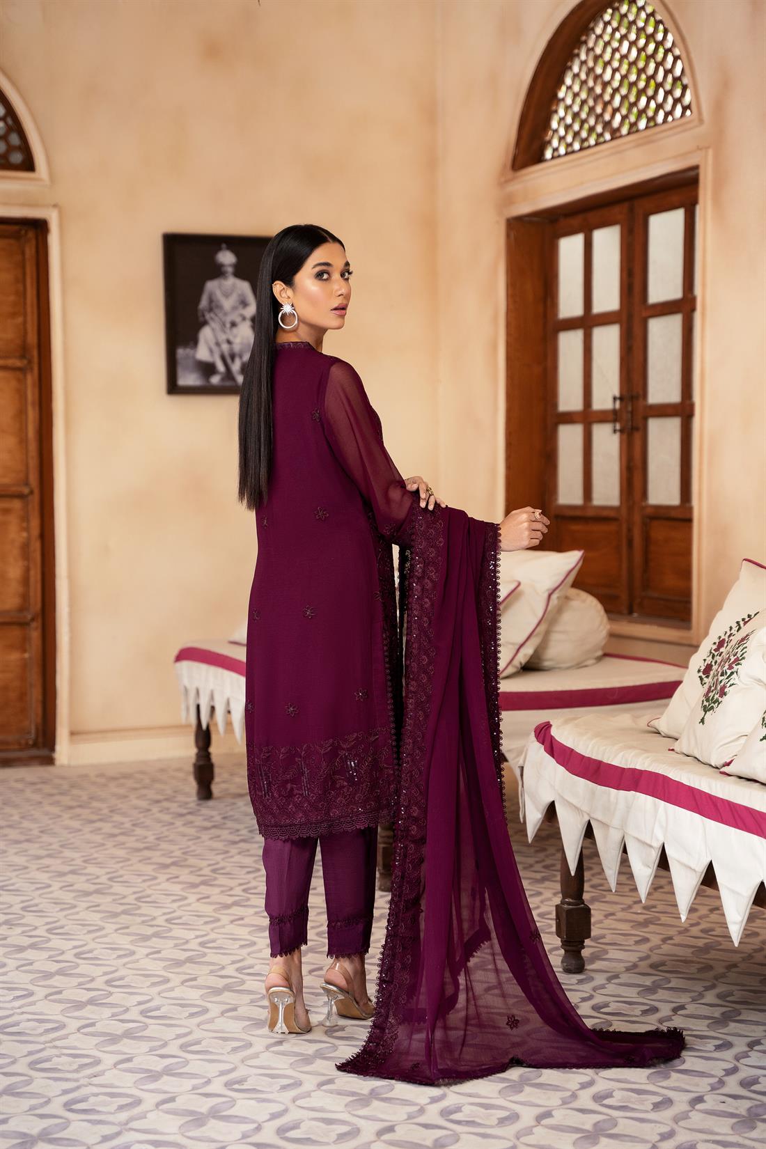 Plum Embroidered Raw Silk Chiffon Chikankari Kameez Stitched Suit
