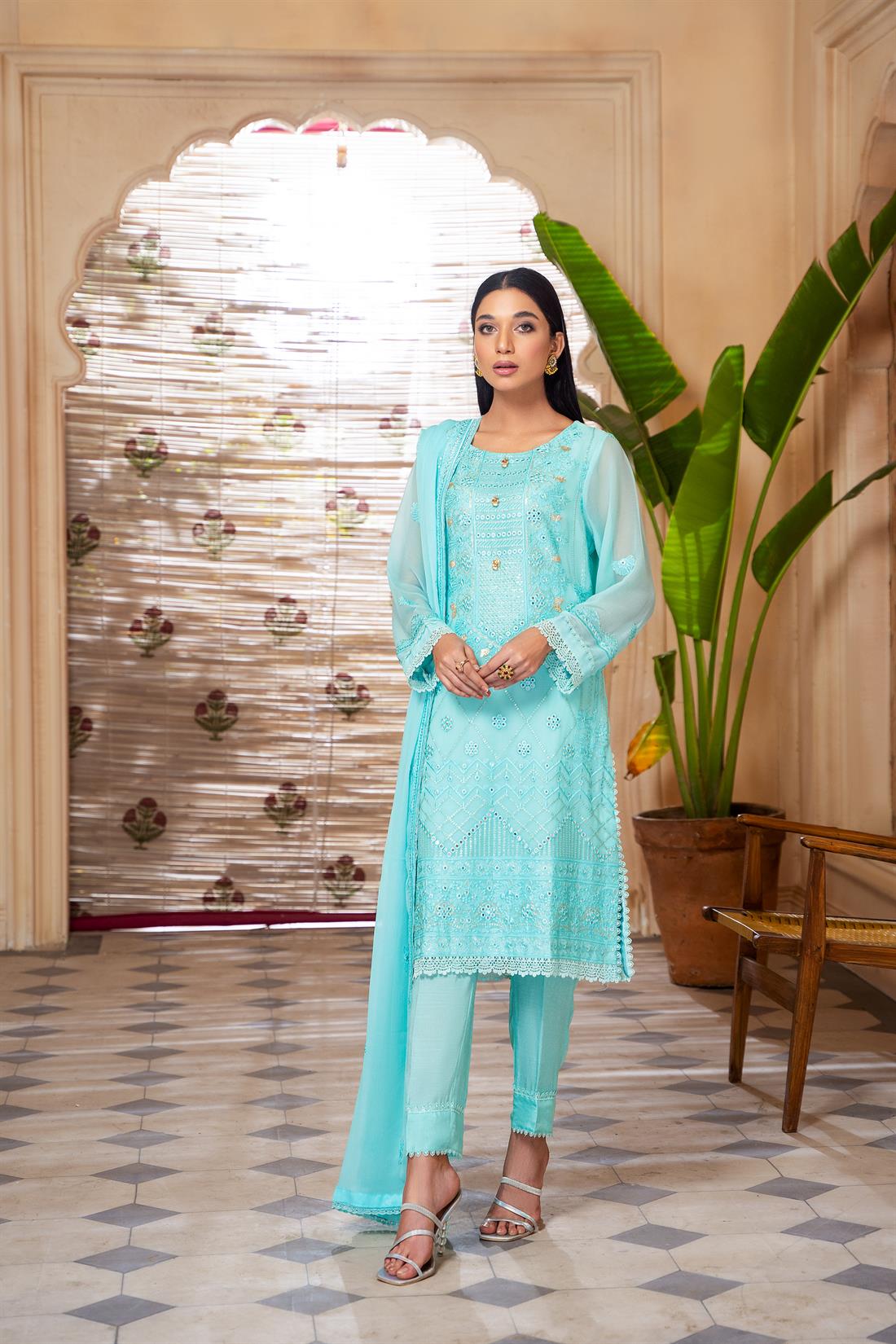 Aqua Blue Mirror Work Raw Silk Chiffon Chikankari Kameez Stitched Suit