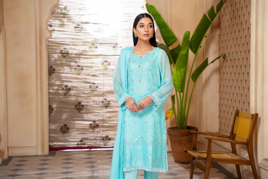 Aqua Blue Mirror Work Raw Silk Chiffon Chikankari Kameez Stitched Suit