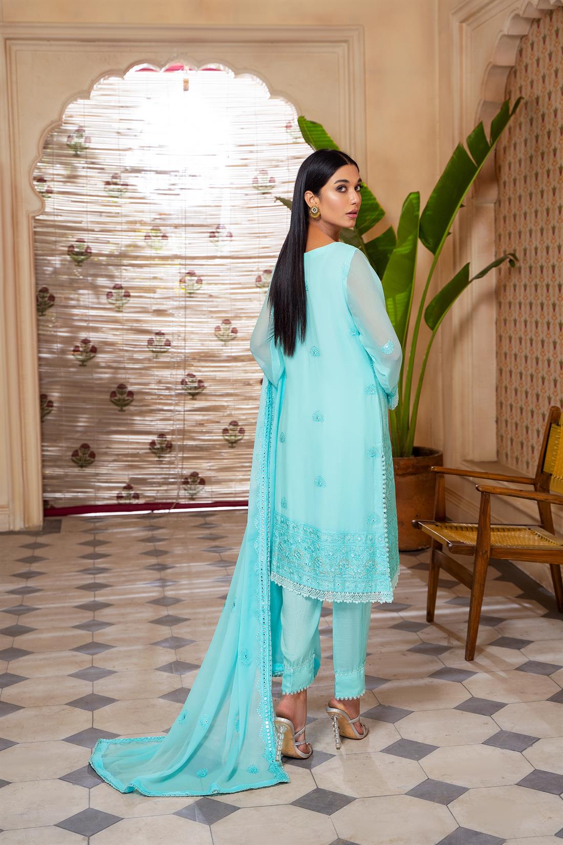 Aqua Blue Mirror Work Raw Silk Chiffon Chikankari Kameez Stitched Suit