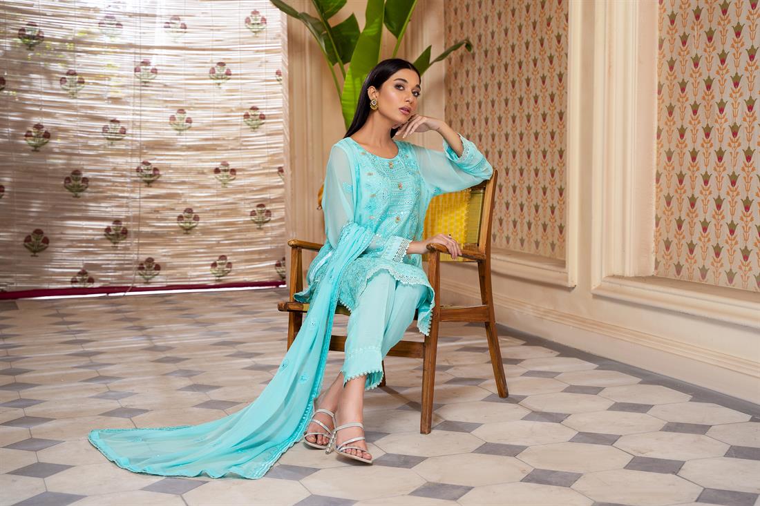 Aqua Blue Mirror Work Raw Silk Chiffon Chikankari Kameez Stitched Suit