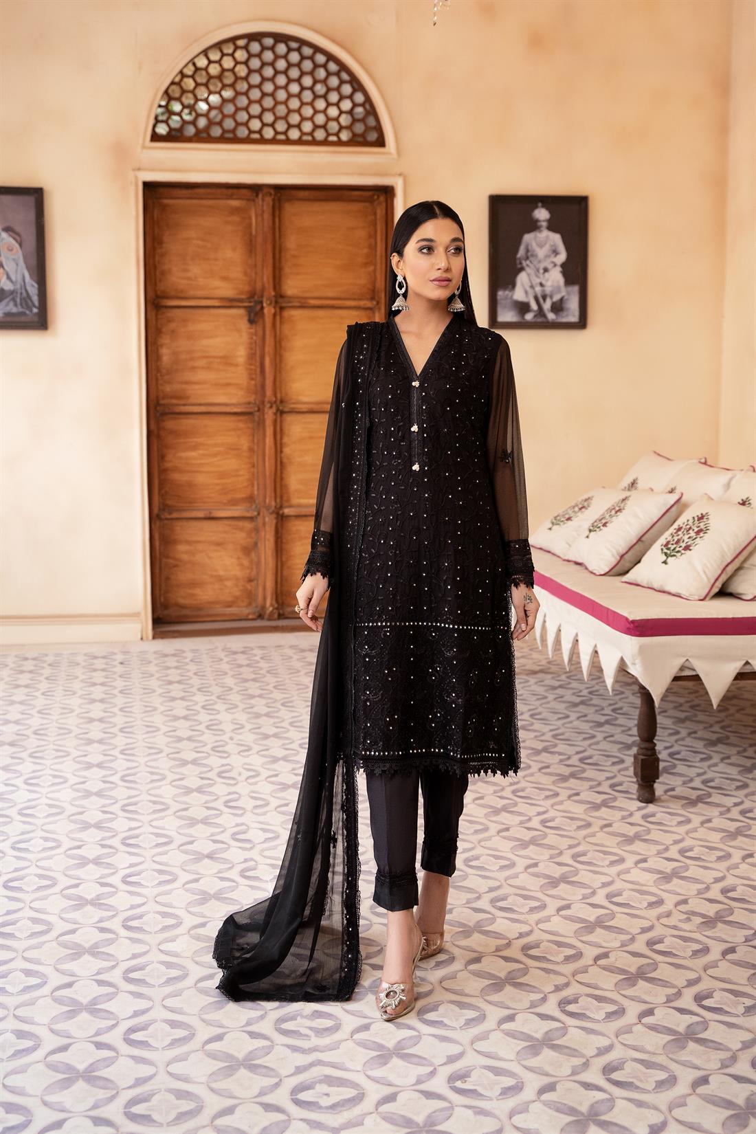 Black Mirror Work Raw Silk Chiffon Chikankari Kameez Stitched Suit