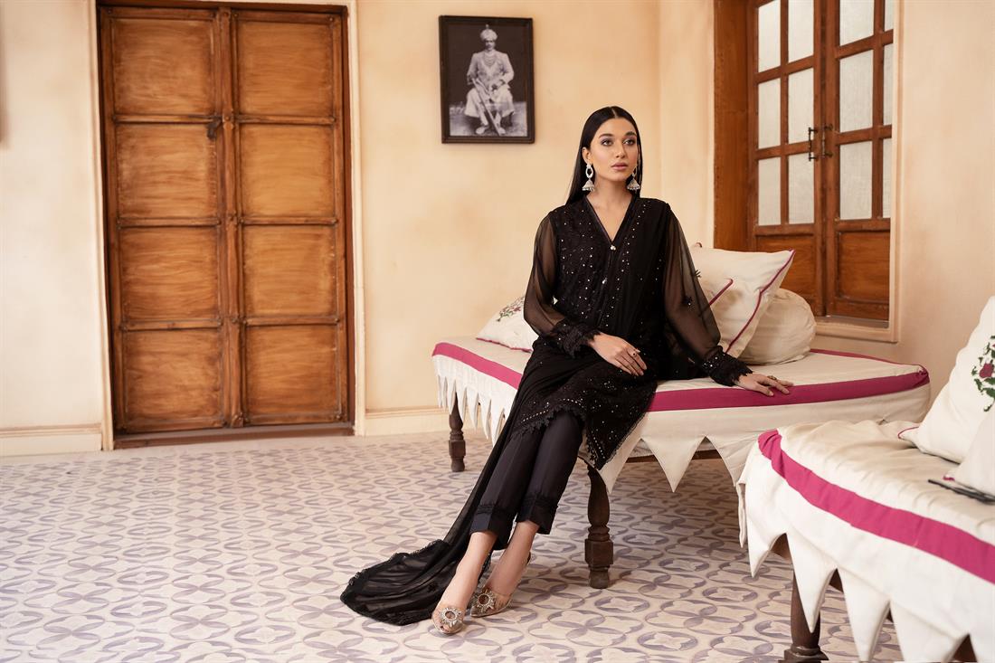 Black Mirror Work Raw Silk Chiffon Chikankari Kameez Stitched Suit