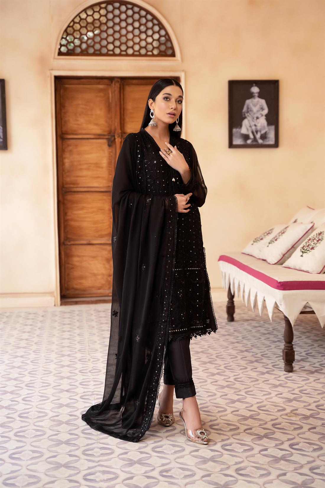 Black Mirror Work Raw Silk Chiffon Chikankari Kameez Stitched Suit