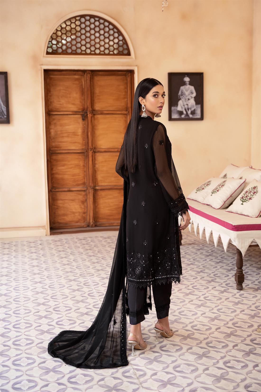 Black Mirror Work Raw Silk Chiffon Chikankari Kameez Stitched Suit