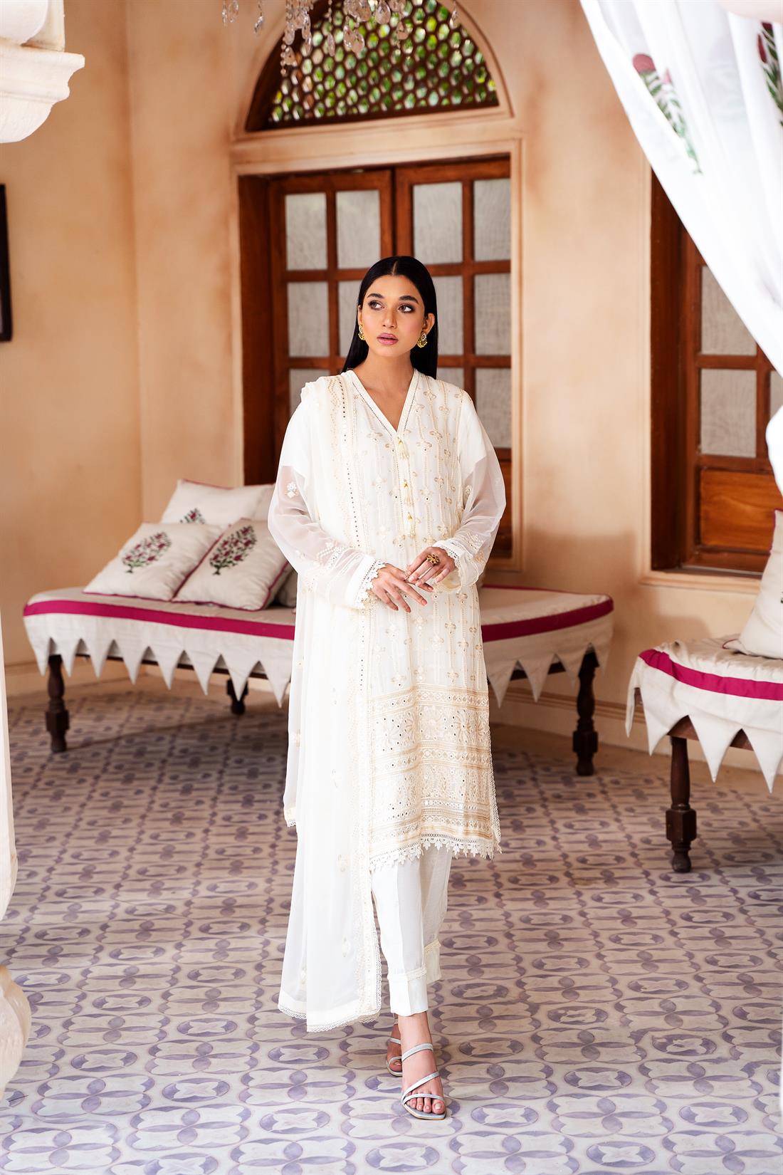 Cream Mirror Work Raw Silk Chiffon Chikankari Kameez Stitched Suit