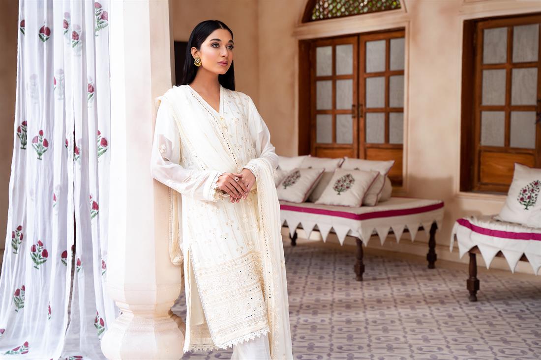 Cream Mirror Work Raw Silk Chiffon Chikankari Kameez Stitched Suit