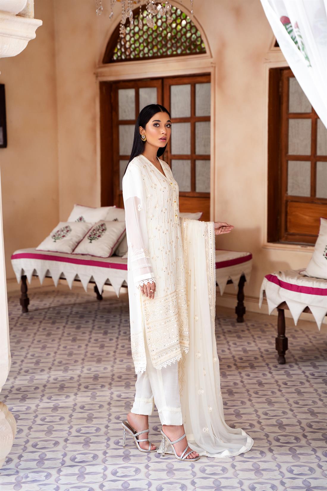 Cream Mirror Work Raw Silk Chiffon Chikankari Kameez Stitched Suit