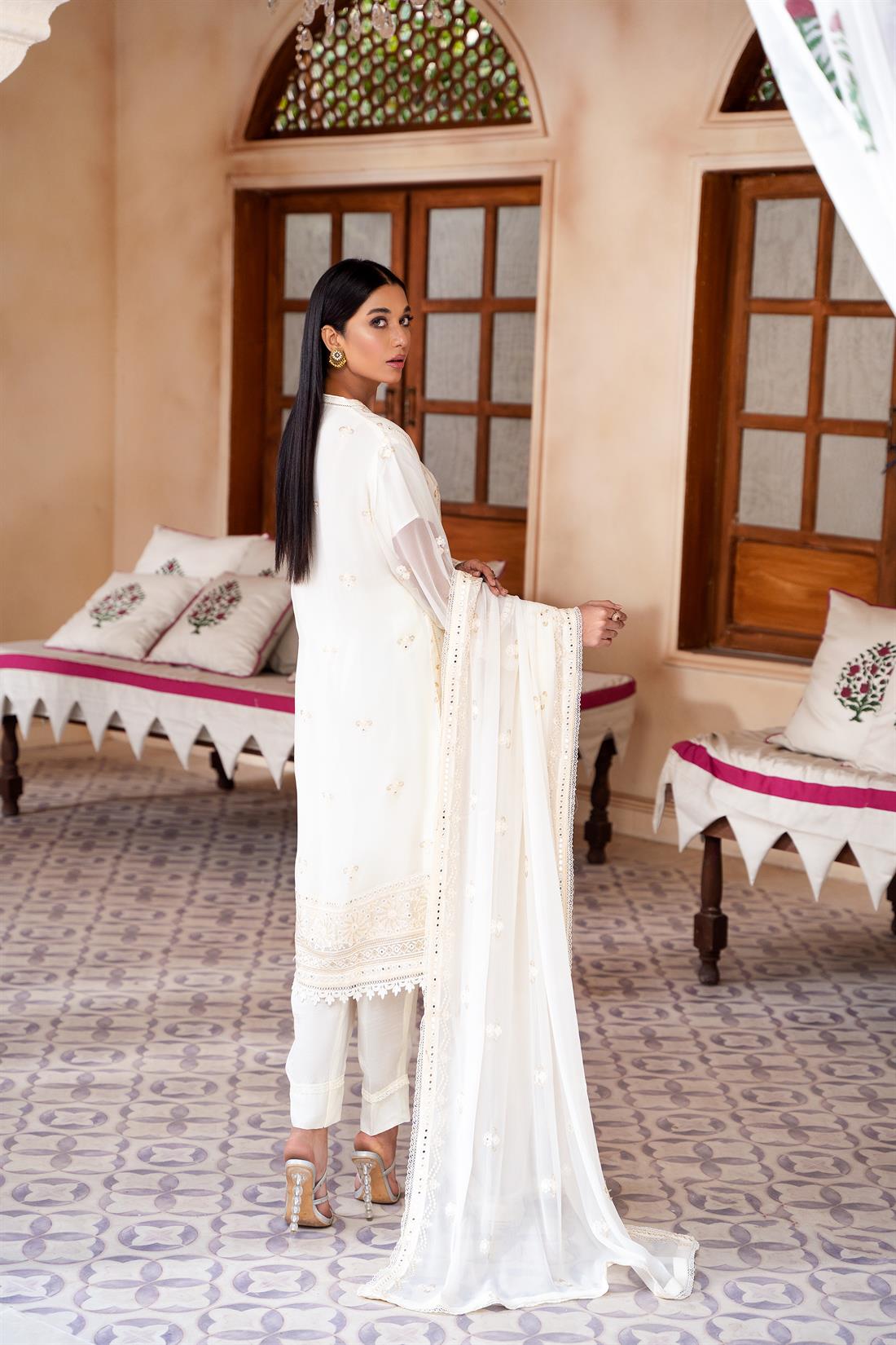 Cream Mirror Work Raw Silk Chiffon Chikankari Kameez Stitched Suit