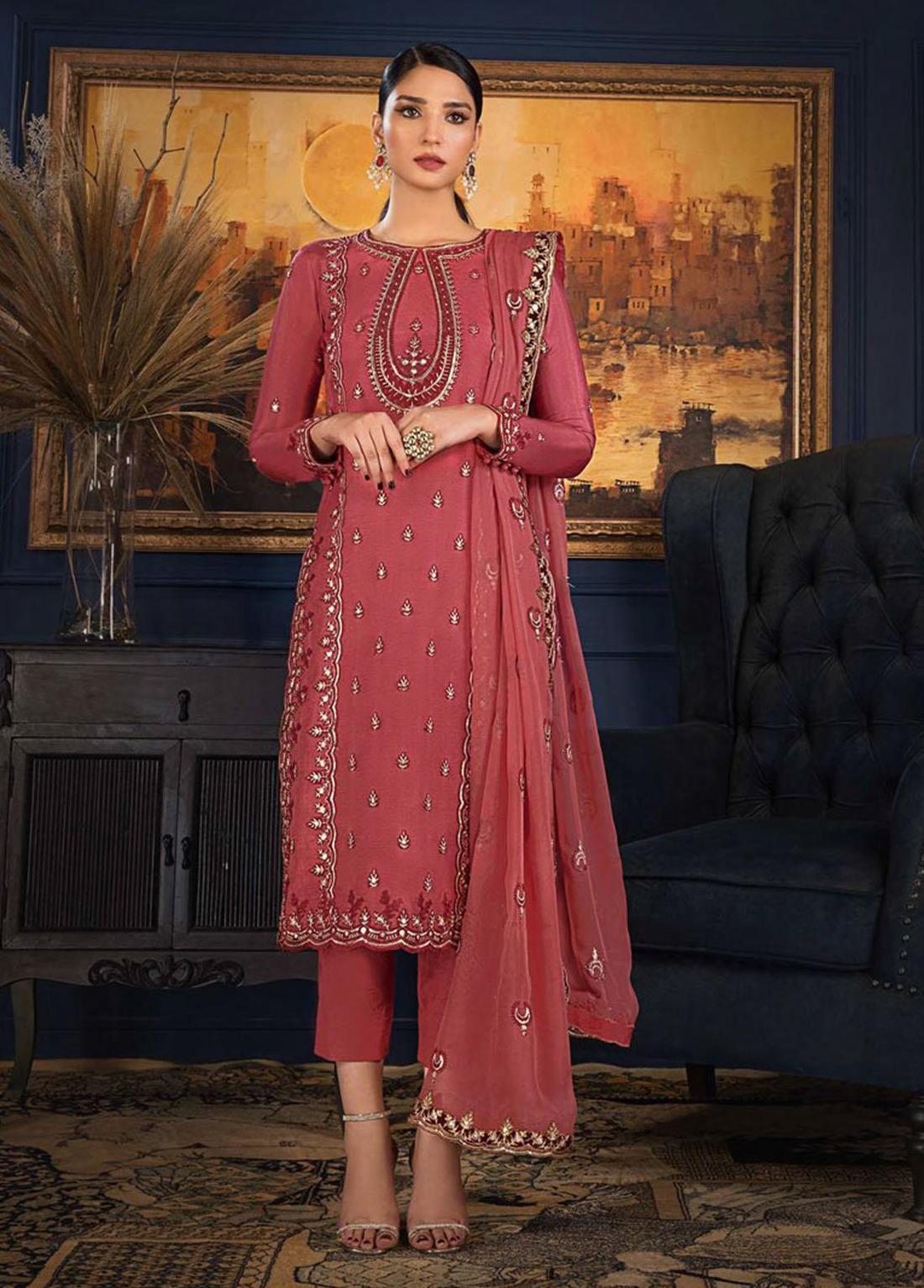 Salmon Pink Sequinned Designer Stitched Suit with Silk Trouser