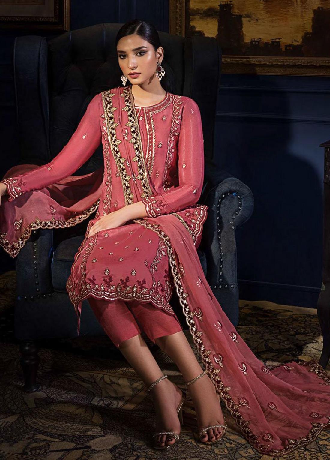 Salmon Pink Sequinned Designer Stitched Suit with Silk Trouser