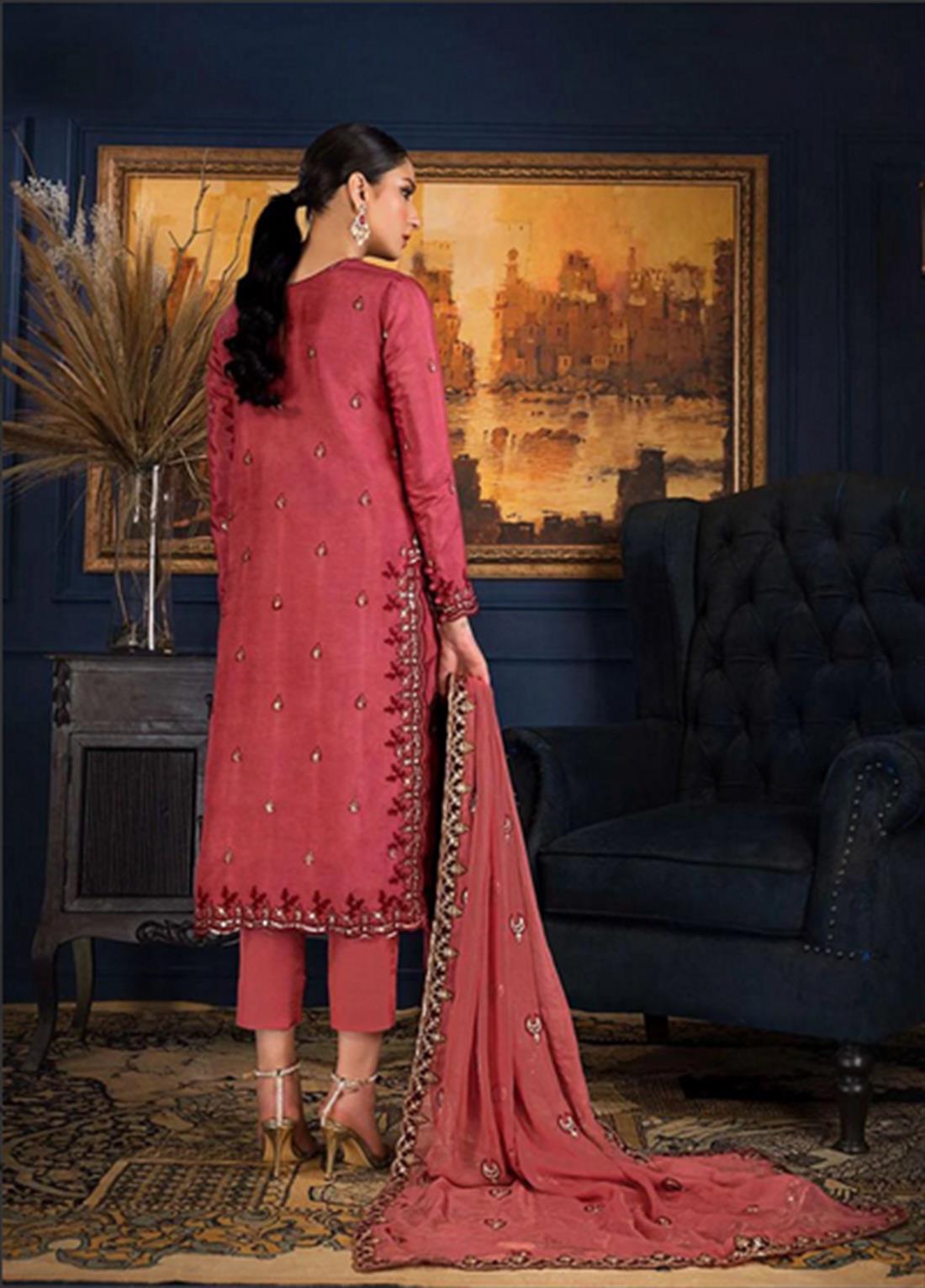 Salmon Pink Sequinned Designer Stitched Suit with Silk Trouser